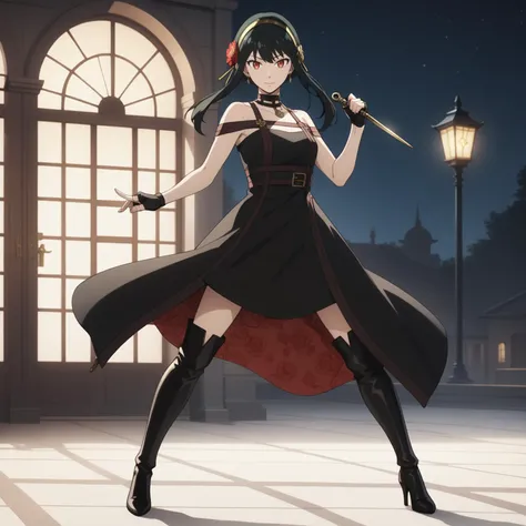 <lora:YorForgerXLpony004>,
best quality,masterpiece,
anime screencap,
score_9,score_8_up,score_7_up,
BREAK
night,fighting_stance,standing,looking at viewer,shadow face,full body,
BREAK
solo,
YorForger,1girl,black hair,red eyes,short hair with long locks,
gold hairband,hair flower,
black choker,
black dress,sleeveless,off shoulder,
floral_print,
fingerless gloves,
black footwear,thigh high heel boots,
holding dagger,