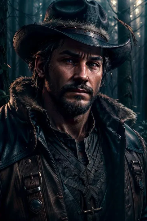 (Sketched:1.3),(Sad:1.3) gregnobodysd15, best quality, masterpiece, portrait, solo, half shot, looking up, detailed background, detailed face, (imperial chinese theme:1.1), trapper, tracker, smirk, dark leather clothing, coat, trappers hat, dynamic pose, snare, traps, net, skinning knife, pelts, hides, autumn forest clearing background, underbrush, fantasy frontier cinematic atmosphere, Intricate, High Detail, Sharp focus, dramatic, caustics,volumetric lighting, good proportions, good anatomy, highly detail eyes, subsurface scattering, perfect lighting, perfect shading, (photorealistic:1.5), ((analog style)), (hyperreal) <lora:more_details:1> dimly lit, low key, to8contrast style <lora:to8contrast-1-5:1> real hair movement, real light, real shadow, realistic light, realistic shadow,(Conceptual Art:1.3),(Dark hue:1.3),(close portrait:1.3),(Masculine:1.4),attractive,handsome,calendar pose,perfectly detailed eyes,studio lighting,thematic background