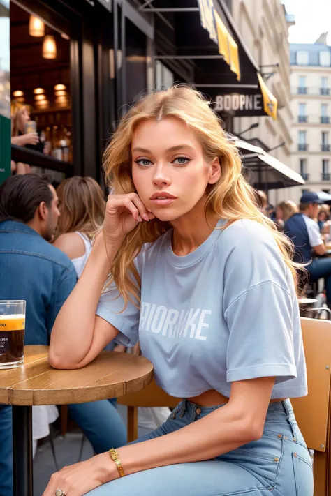 hyper realistic photograph of st3llam4xwell, sitting at a table at an outdoor cafe on a city street in paris in jeans and tshirt, detailed face, film grain, analog, Kodak Portra 800, f1.8 <lora:theovercomer8sContrastFix_sd15:0.8>