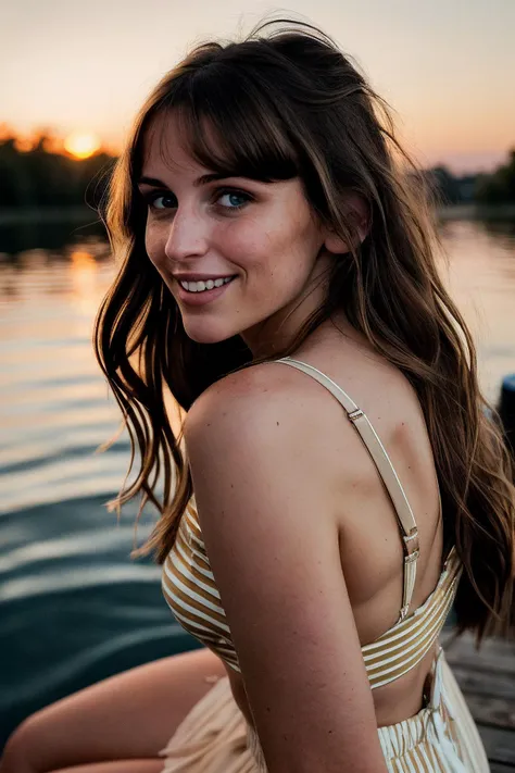candid RAW portrait photo of a VeronicaCipher, hair in bangs, smile, sitting on a dock on a lake at sunset, golden hour, bokeh, Lomo, dof, high definition, detailed, intricate, fujifilm xt3, dslr, 50mm, camera flash, lens flare <lora:theovercomer8sContrastFix_sd15:0.65>