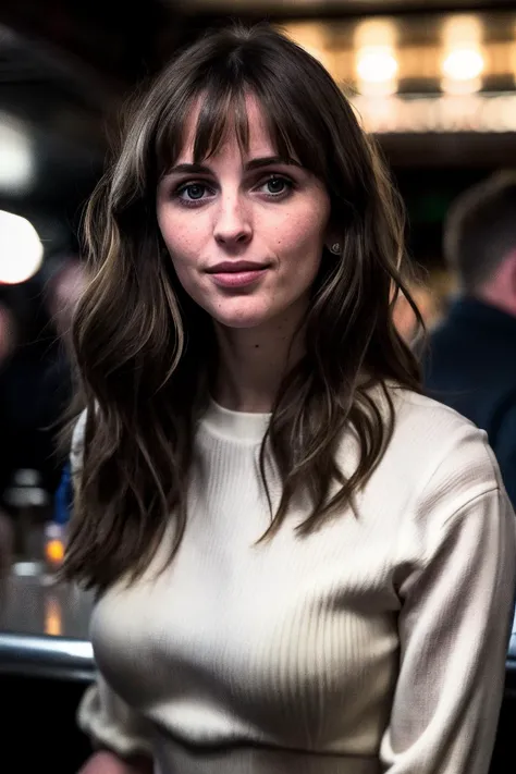 candid RAW portrait photo of a VeronicaCipher, hair in bangs, small smile, standing in a crowded bar at night, bokeh, Lomo, dof, high definition, detailed, intricate, fujifilm xt3, dslr, 50mm, camera flash, lens flare <lora:theovercomer8sContrastFix_sd15:0.65>
