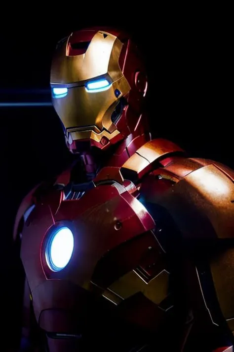 award winning photo of (iron man) posing in a dark studio, (rim lighting,:1.4) two tone lighting, red hue, octane, unreal, dimly lit, low key, to8contrast style