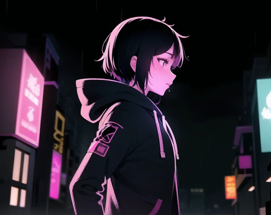 masterpiece, best quality, flat color, limited palette, 1girl, a female cyberpunk hacker walking through rainy neon-lit city streets, wearing a hoodie with the hood up, low-key lighting, detailed face, profile  <lora:theovercomer8sContrastFix_sd15:0.9>