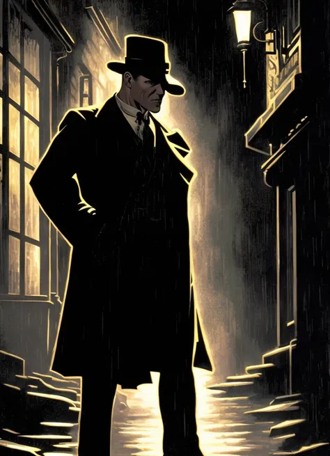 an illustration of a 1920s private detective walking down a dark and rainy alleyway, detailed face, film noir, low-key, drawn by robert maguire and alphonse mucha