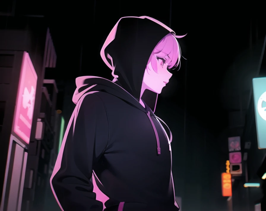 masterpiece, best quality, flat color, limited palette, 1girl, a female cyberpunk hacker walking through rainy neon-lit city streets, wearing a hoodie with the hood up, low-key lighting, detailed face, profile, to8contraststyle<lora:theovercomer8sContrastFix_sd15:0.9>