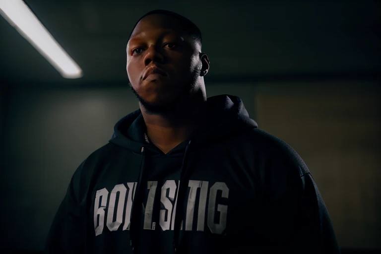 fashion portrait photoshoot, black hiphop man z-ro wearing 1990s hoodie, in dimly lit abandoned class room, fog mist, mysterious, evil, sharp shadows, dark film noir lighting, detailed, 8k, (god rays:0.8), (lens flare:0.8), film grain, particle effects, to8contrast style, <lora:theovercomer8sContrastFix_sd15:0.8><lora:lora_dopfunk_z-ro_06:0.8>