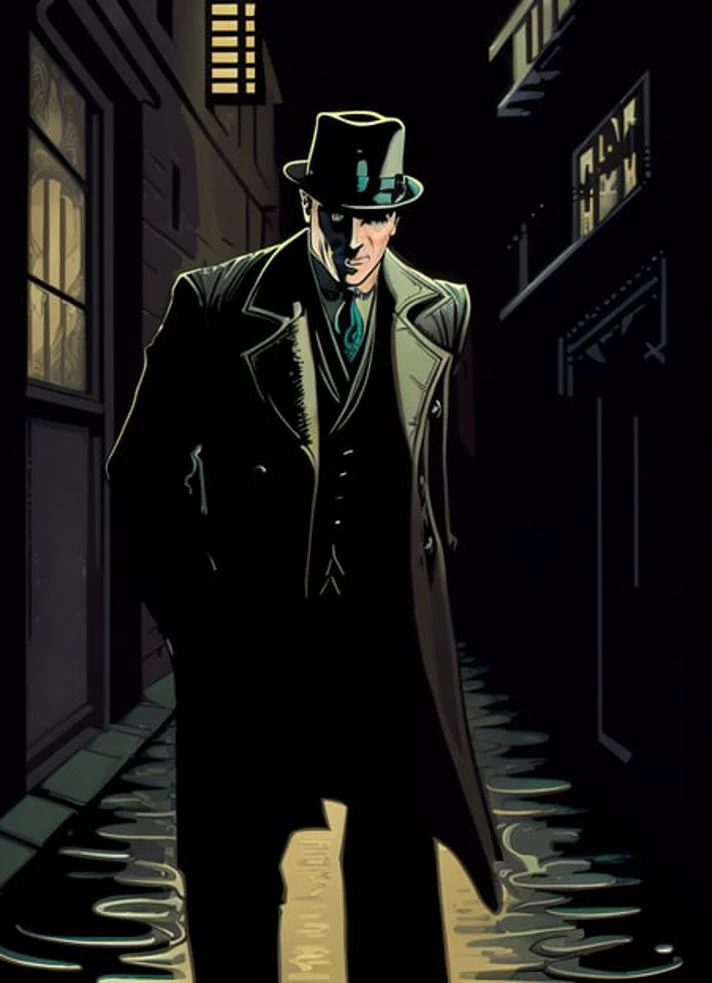 an illustration of a 1920s private detective walking down a dark and rainy alleyway, detailed face, film noir, low-key, drawn by robert maguire and alphonse mucha, to8contrast style <lora:theovercomer8sContrastFix_sd15:0.8>