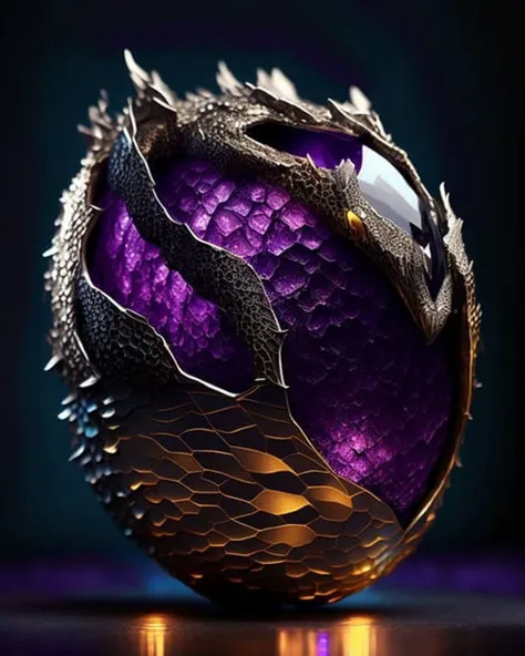 crystalline rock forms dragon egg with silver and gold metal dragon scale half-shell, by mjart, placed on black lava rock, background dark cave with purple ambient light, <lora:ContrastFix:0.7>