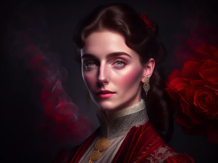 studio portrait of Victorian young woman wearing intricate attire, smokey background, mist,
graceful body structure, (rim lighting,:1.4) two tone lighting, red hue, octane, unreal, to8contrast style