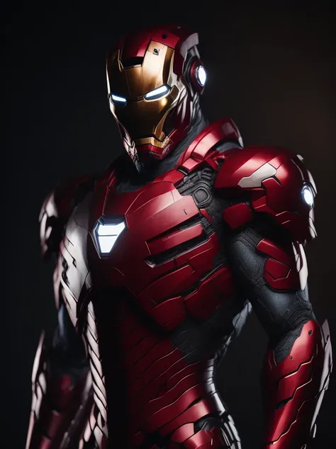 award winning photo of (iron man) posing in a dark studio, (rim lighting,:1.4) two tone lighting, red hue, octane, unreal, dimly lit, low key, to8contrast style