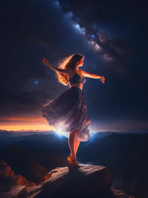 photo of a woman dancing seductively on mountaintop at night with rim lighting, night sky visible galaxies, to8contrast style