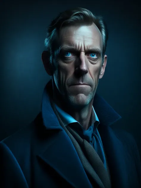 award winning photo of hugh laurie posing in a dark studio, (rim lighting,:1.4) two tone lighting, teal hue, octane, unreal, dimly lit, low key, to8contrast style
