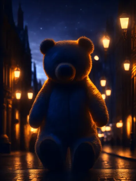 photo of a realistic giant teddy bear under a street lamp at night, rembrandt lighting, bokeh, octane, unreal, to8contrast style
