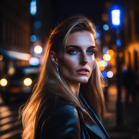 photo of a woman posing seductively on a city street at night with rim lighting, to8contrast style
