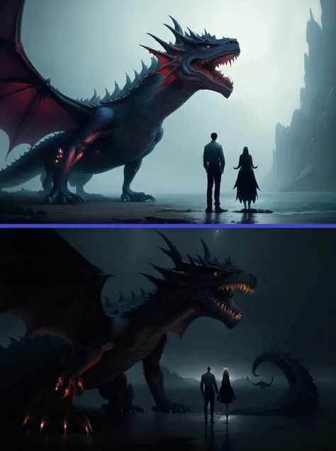 a man and a woman standing in front of a giant dragon crawling out of the sea on a foggy shore in the night, Darek Zabrocki, dragon art, concept art, fantasy art, horror, dark night,
masterpiece, best quality, high resolution, 8k, absurd res, highly detailed, correct anatomy