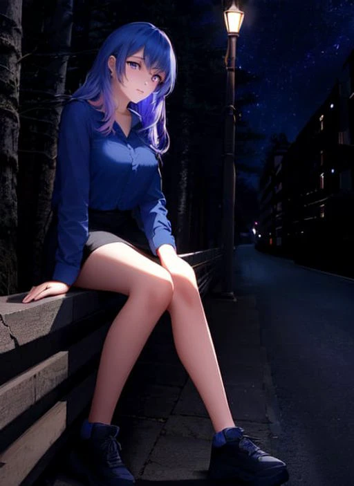 <lora:FEATURE_ContrastFix_HDR_overc_sd15:1>, HDR, dynamic range, moonlit forest, street lamps, night sky, 64K, f1.2, 800mm, UHD, dynamic lighting, 1girl, pink eyes, side braid, fair skin, Midnight Blue hair, full body