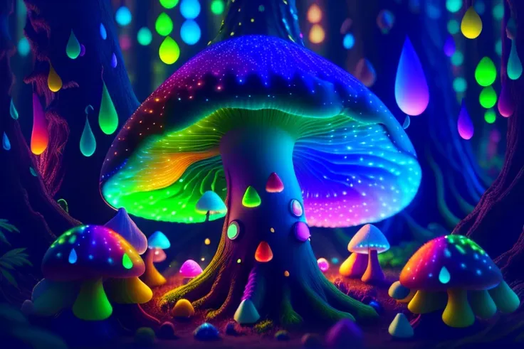 a dark magic forrest full of rainbow mushrooms, fiber optic mushroom, aurora lights, ultra trippy depth field that's asl ultra realistic, hyper detailed, artistically perfect, super resolution, 16k, extreme composition, ((LSD)), magic mushroom, octane render, V-Ray, to8contrast style,