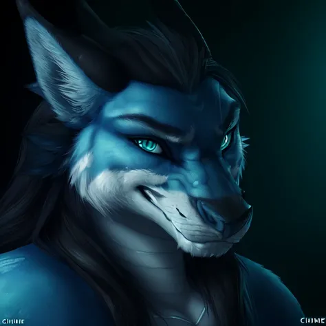 uploaded on e621, anthro, (by chunie, rov, h0rs3, ruaidri), (dracowolf:1), high res, ((detailed realistic image)), (detailed eyes, expressive eyes), impasto impressionism, insane details, (hyper realistic scales:1.2), (hyper realistic fur:1.3), (detailed fur:1.3), (detailed scales:1.2), pupils, (bust portrait:1.3), (athletic:0.9), (slightly chubby:1.2), (expressive face, detailed face), (long hair:1.3), (realistic quality:1.3), (photographic quality:1.1), <hypernet:furry_2:0.8>, full color, (3d:1.1), (male), (dark studio background), <lora:DracowolfV8:1>, (canine features:1.4), (smirk:1.3), <lora:finalFantasyVIIRemake_v1:0.4>, ff7r style, <lora:theovercomer8sContrastFix_sd15:0.6>, (rim lighting,:1.4) two tone lighting, sharp focus, teal hue, octane, unreal, dimly lit, low key, to8contrast style