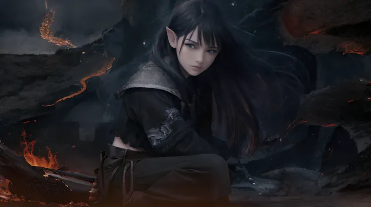 <hypernet:slimModelsV1_slimmodelsV1:1>, full body view , create an epic and realistic beautiful photo of a rugged young elven warrior woman (((covered in drops of blood))) with small breasts, small pointed ears, ((((long black hair flowing in the wind)))), and intricate details, including hyper-detailed ((weathered, ripped, and torn fantasy armor)), detailed realistic eyes with dark blue irises, and a highly detailed face, with skin pores visible in photo-realistic detail, with a sad and mournful expression (((surrounded by fire and fiery spark particles))), with a sword and (((kneeling))) in the rain. The fantastic background contains a majestic and cluttered environment of a burning forest, with ultrarealistic sparks and flames, Using a dark background and heavy shadows, and heavy rain adding to the dramatic effect. rim lighting, hdr, intricate, fantastic, and realistic, dof, high depth of field, <lora:theovercomer8sContrastFix_sd15:1>, to8contrast style