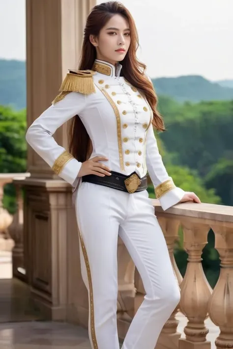 <lora:majicmix_style_ver3:0.8>, majicmix_style, cinematic, at a luxury balcony of a Western palace, a handsome female knight in a men's attire which is intricate white color formal army uniform and white long pants, long nose, (clear drop eyes:1.1, symmetrical eyes), slender body, medium breasts, blush, gently smile, airy messy long hair, <lora:wowifierXL:0.75>