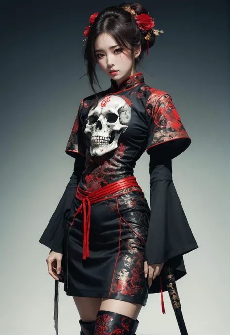 highly detailed linework reminiscent of Carne Griffiths, imbued with Wadim Kashim's bold color and texture, light and airy as Carl Larsson's compositions, sexy skull masked samurai. wearing knee-hight boots, high boots, eye liner, beautiful sexy chinese black short qipao, sexy qipao, red highlights. dark fantasy, featuring Pascal Blanche-style hyper-realistic characters, pastel, elegance, dramatic lighting, expressive camera angle, matte, concept art <lora:add-detail-xl:1> <lora:beautiful_girl_ver2:0.8> majicmix_style