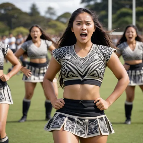 majicmix_style, (medium shot:1.3), exquisitely beautiful university students are showing Haka Dance on a rugby field, friendship, battle cry, war cry, wearing an intricate design Haka Dancer outfit, (thin waist, middle breasts), slim face, long nose, (clear eyes, symmetrical eyes), yelling, Long flowy, natural lighting, <lora:majicmix_style_ver3:1.23>, <lora:xl_more_art-full_v1:0.46>
