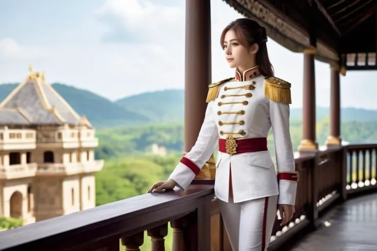 <lora:majicmix_style_ver3:0.6>, majicmix_style, cinematic, at a luxury balcony of a Western palace, a handsome female knight in a men's attire which is intricate white color formal army uniform and white long pants, long nose, (clear drop eyes:1.1, symmetrical eyes), slender body, medium breasts, blush, gently smile, blonde airy messy long hair, ((escorting a pretty nihongami princess)), <lora:wowifierXL:0.75>