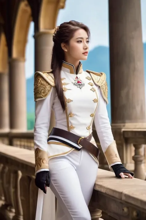 <lora:majicmix_style_ver3:0.6>, majicmix_style, cinematic, at a luxury balcony of a Western palace, a handsome female knight in a men's attire which is intricate white color formal army uniform and white long pants, long nose, (clear drop eyes:1.1, symmetrical eyes), slender body, medium breasts, blush, gently smile, blonde airy messy long hair, ((escorting a pretty high ponytail princess)), <lora:wowifierXL:0.75>