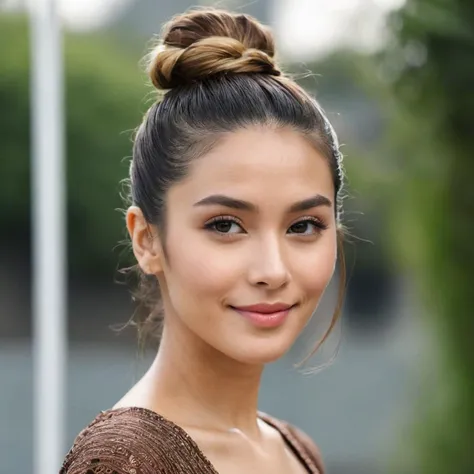 majicmix_style, oblique angle, medium shot, an exquisitely beautiful actress, long nose, (clear eyes, symmetrical eyes), gently smile, Man bun, natural lighting, outdoor, <lora:majicmix_style_ver3:1.4>