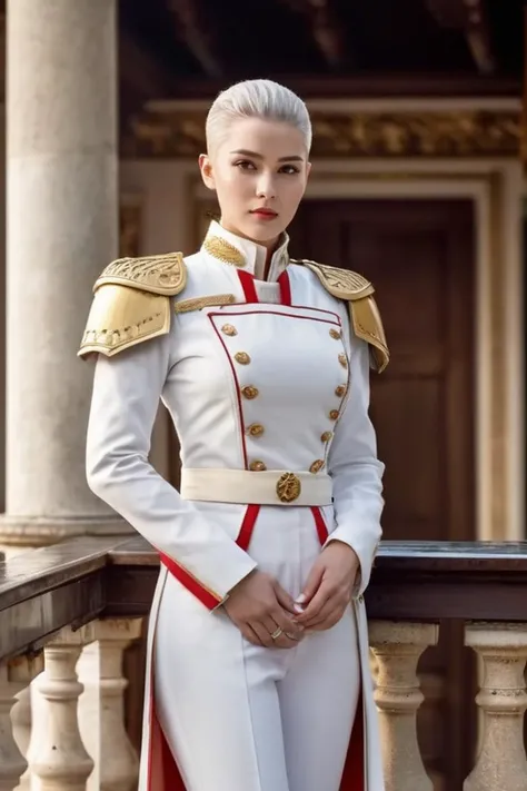 <lora:majicmix_style_ver3:0.6>, majicmix_style, cinematic, at a luxury balcony of a Western palace, a handsome female knight in a men's attire, white color formal army uniform, white long pants, long nose, (clear drop eyes:1.1, symmetrical eyes), slender body, medium breasts, blush, gently smile, Buzz cut with a fade, intricate design party dress, <lora:wowifierXL:0.75>