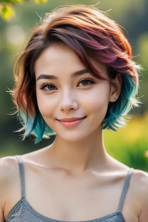 majicmix_style, raw analog portrait photo of a beautiful woman, gently smile, detailed skin, realistic skin texture, short colorful hair, natural lighting, outdoor, spring, photorealism, <lora:majicmix_style_ver3:1>