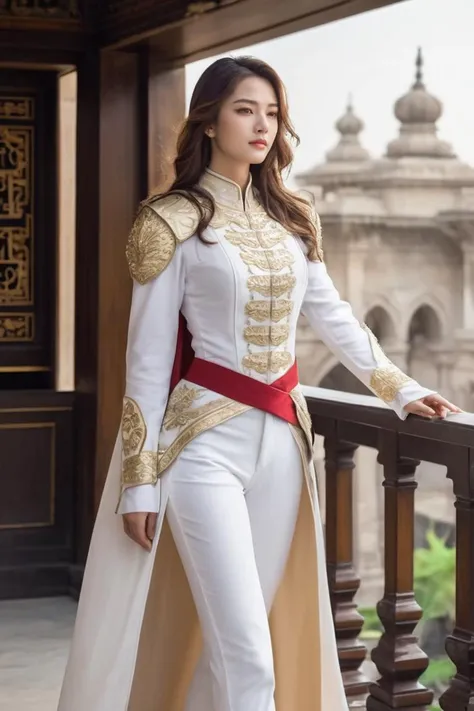 <lora:majicmix_style_ver3:0.75>, majicmix_style, cinematic, at a luxury balcony of a Western palace, a handsome female knight in a men's attire which is intricate white color formal army uniform and white long pants, long nose, (clear drop eyes:1.1, symmetrical eyes), slender body, medium breasts, blush, gently smile, airy messy long hair, <lora:wowifierXL:0.9>