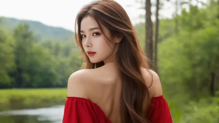 Close-up of a beautiful young woman playing a grand piano, elegant posture, deep concentration, serene joy. She has long, wavy brown hair cascading over her shoulders, catching the golden hour light. Her eyes are closed as she immerses herself in the music. She wears a form-fitting, off-the-shoulder red dress with a deep V-neckline, highlighting her curves. Wearing black bikini. Soft natural light highlights her features, casting gentle shadows on her face. In the background, a stunning waterfall cascades down a rocky cliff, surrounded by lush greenery and vibrant flowers. The scene is captured in high-resolution with vintage film camera quality, rich textures, and warm tones, emphasizing the harmony between the girl and the natural beauty around her