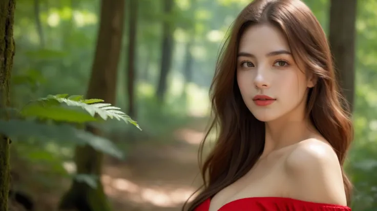8k,masterpiece,best quality,(photorealistic:1.2),(close up:1.1),a walking girl in forest,(red silk off shoulder:1.2),(looking at viewer:1.1),beautiful cute face,long hair,large breasts,<lora:beautiful_girl_ver2:0.6>,majicmix_style,