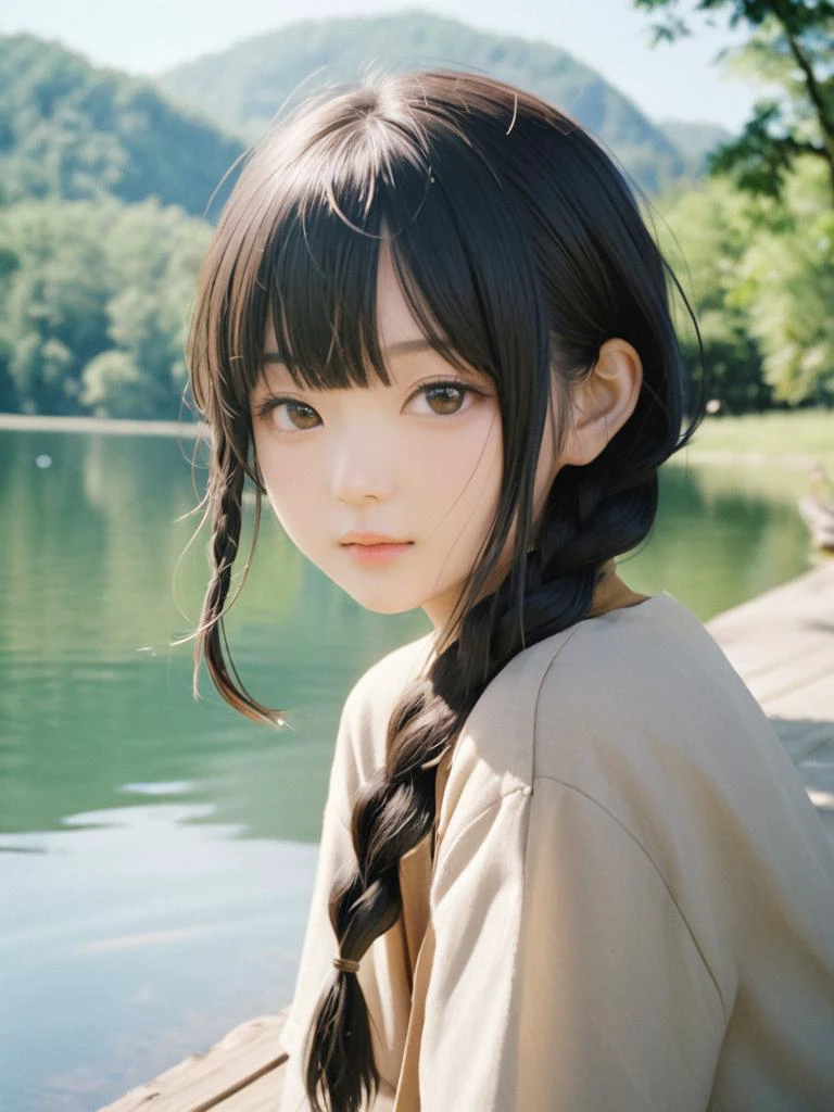 Asian female,young,long black hair with braids,bangs,outdoor setting,lake,daylight,portrait,high image quality,clear focus,shallow depth of field,
realistic,film photography style,light grain,
masterpiece,best quality,<lora:SDS-XLæ³å
è°èå¨_v1.0:0.8>,<lora:SDXL_FILM_PHOTOGRAPHY_STYLE_BetaV0.4:0.6>,