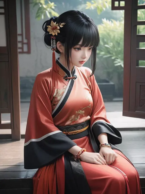 best quality,masterpiece,realistic,film grain,filming,1girl,black hair,hair ornament,jewelry,bracelet,solo,chinese clothes,sitting,long sleeves,bangs,