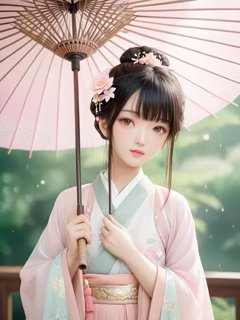 Asian female,traditional attire,Hanfu,holding umbrella,floral hair accessories,outdoor setting,natural daylight,focused gaze,soft makeup,young adult,portrait,bokeh background,pastel colors,cultural dress,elegance,serene expression,white and pink color scheme,hair fringe,delicate pose.,
realistic,film photography style,light grain,
masterpiece,best quality,<lora:SDS-XLæ³åè°èå¨_v1.0:0.8>,<lora:SDXL_FILM_PHOTOGRAPHY_STYLE_BetaV0.4:0.6>,