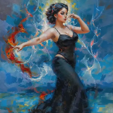 ((Epic masterpiece)), A captivating Russian avant-garde painting of a curvy Young woman salsa dancing., beauty, vibrant colors and patterns that reflect latino culture. Surrounding her is a swirl of vivid smoke, painting