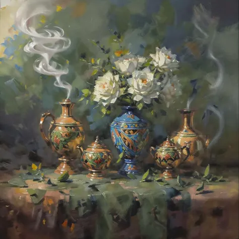 close up Talavera painting, detailed an ornate vase with flowers and bundle of smoking Sage in front of it, masterpiece, RAW photo, intricate details, best quality, 8k uhd, soft lighting, Latin American culture