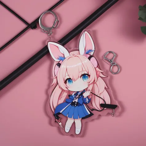 <lora:guajian:1>,best quality ,masterpiece,CG ,unity ,8k wallpaper,1girl, animal_ears, bangs, blue_eyes, blue_skirt, blush, brown_hair, chibi, hair_between_eyes, headphones, jacket, long_hair, long_sleeves, looking_at_viewer, pink_background, rabbit_ears, skirt, solo