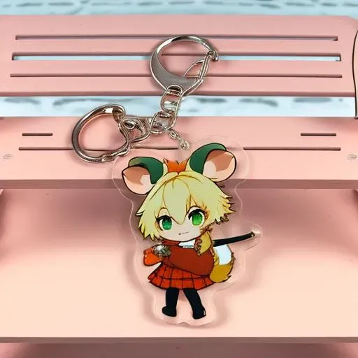 <lora:acrylicMaterialKeyChainPendant_v10:1.3>, 1girl, moushley, orange sweater, looking at viewer, small muzzle, <lora:moushley:0.8>, rat tail, plaid green skirt, blonde hair, mouse ears, body fur, mouse_girl, war, posing