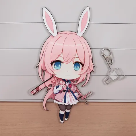 <lora:guajian:1>,best quality ,masterpiece,CG ,unity ,8k wallpaper,1girl, animal_ears, bangs, blue_eyes, blue_skirt, blush, brown_hair, chibi, hair_between_eyes, headphones, jacket, long_hair, long_sleeves, looking_at_viewer, pink_background, rabbit_ears, skirt, solo