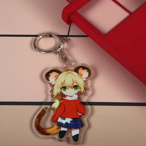 <lora:acrylicMaterialKeyChainPendant_v10:1.2>, masterpiece,CG ,unity ,8k wallpaper, 1girl, anime style, moushley, orange sweater, looking at viewer, small muzzle, <lora:moushley:0.9>, rat tail, plaid green skirt, blonde hair, mouse ears, body fur, mouse_girl, chibi,