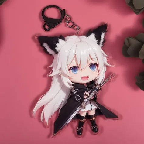 <lora:acrylicMaterialKeyChainPendant_v10:1>,best quality ,masterpiece,CG ,unity ,8k wallpaper,1girl, :d, animal_ears, bangs, bare_legs, black_footwear, black_jacket, black_shorts, chibi, eyebrows_visible_through_hair, fingerless_gloves, gloves, grey_eyes, hair_between_eyes, hair_ornament, hairclip, holding, jacket, lappland_\(arknights\), long_hair, long_sleeves, looking_at_viewer, open_mouth, scar, scar_across_eye, scar_on_face, short_shorts, shorts, silver_hair, smile, solo, standing, sword, very_long_hair, wolf_ears