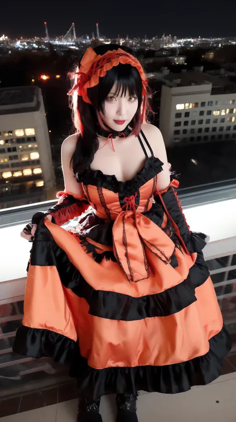 Red yellow heterochromia, masterpiece, best quality, (Solo:1.0), Kurumi tokisaki, Lace, (Black hair:1.0), Orange dress, (Full body:0.9), <lora:Kurumi-tokisaki-cosplay2:0.7>, Kurumi-tokisaki-cosplay2, Roof, night, city background