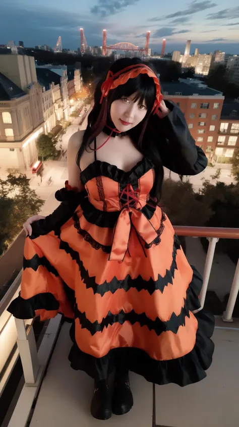 Red yellow heterochromia, masterpiece, best quality, (Solo:1.0), Kurumi tokisaki, Lace, (Black hair:1.0), Orange dress, (Full body:0.9), <lora:Kurumi-tokisaki-cosplay2:0.7>, Kurumi-tokisaki-cosplay2, Roof, night, city background, Posing