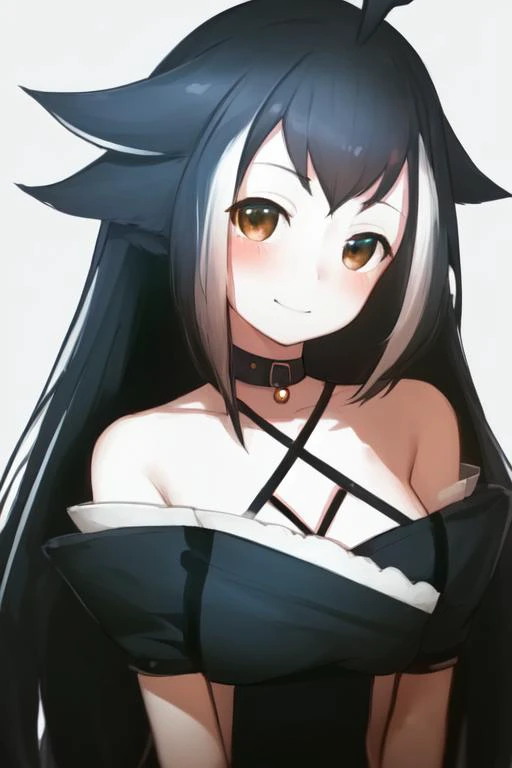portrait, (facing the viewer), (looking at the viewer), solid background, <lora:shyF:1> shylily, shylily tail, black hair, white hair streaks