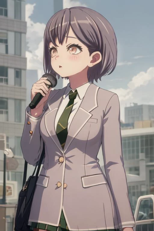best quality, masterpiece, highres, solo, {takamatsu_tomori_bangdreamitsmygo:1.15}, short_hair, blush, bangs, necktie, blazer, upper_body, brown_eyes, black_hair