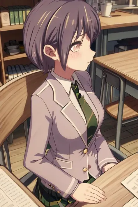 best quality, masterpiece, highres, solo, {takamatsu_tomori_bangdreamitsmygo:1.15}, short_hair, blush, bangs, necktie, blazer, upper_body, brown_eyes, black_hair, 1girl, from_side, profile, school_uniform, jacket, indoors, chair, purple_hair, shirt, sitting