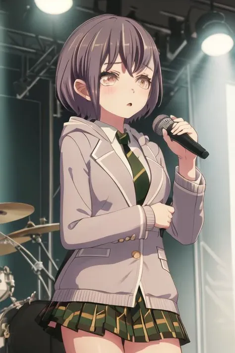 best quality, masterpiece, highres, solo, {takamatsu_tomori_bangdreamitsmygo:1.15}, short_hair, blush, bangs, necktie, blazer, upper_body, brown_eyes, black_hair, 1girl, holding, holding_microphone, hood, hoodie, microphone